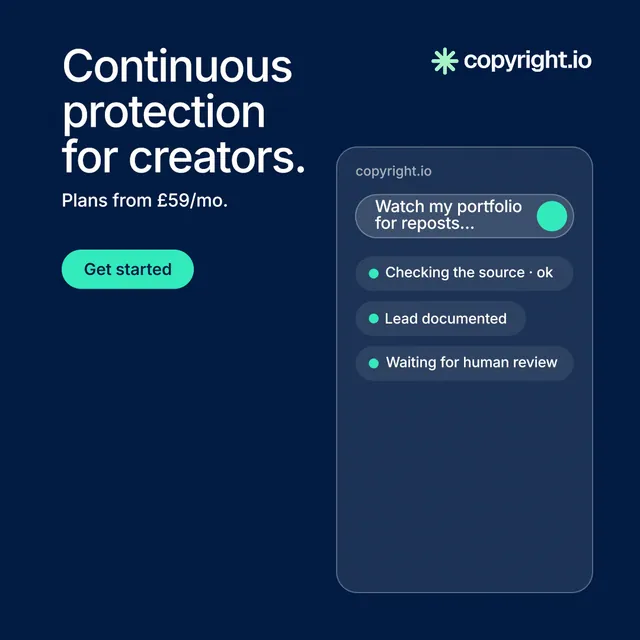 Instagram post for copyright.io: "Continuous protection for creators." Agentic glass style, skeleton layout, dark palette in blue.