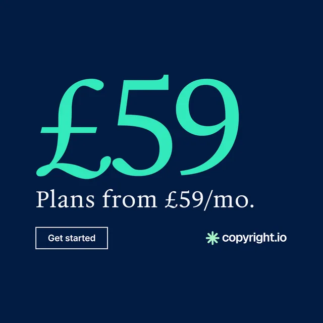 Instagram post for copyright.io: "Protect your work." Editorial style, stat layout, dark palette in blue, teal.