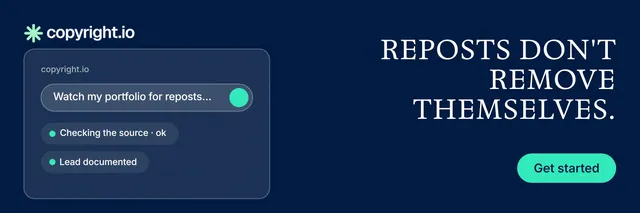 X header for copyright.io: "Reposts don't remove themselves." Y2K style, right layout, dark palette in blue.