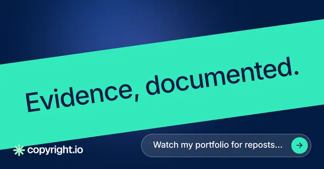 Social ad for copyright.io: "Evidence, documented." Agentic glass style, diagonal layout, light palette in teal, blue.