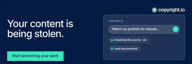 X header for copyright.io: "Your content is being stolen." Split block style, bottom layout, dark palette in blue, teal.