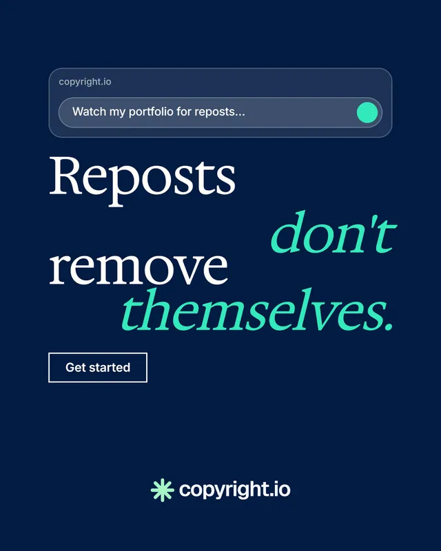 Instagram portrait post for copyright.io: "Reposts don't remove themselves." Editorial style, stacked layout, dark palette in blue.