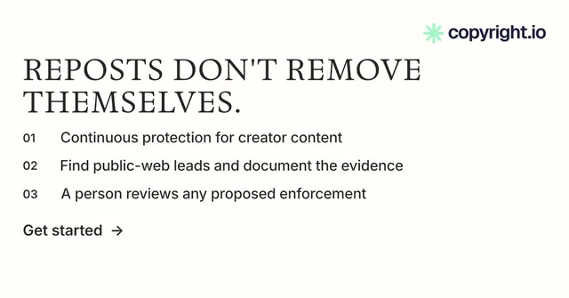 Social ad for copyright.io: "Reposts don't remove themselves." Minimal luxury style, numbered layout, light palette in white.
