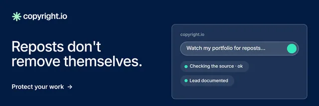 X header for copyright.io: "Reposts don't remove themselves." Minimal luxury style, bottom layout, dark palette in blue.