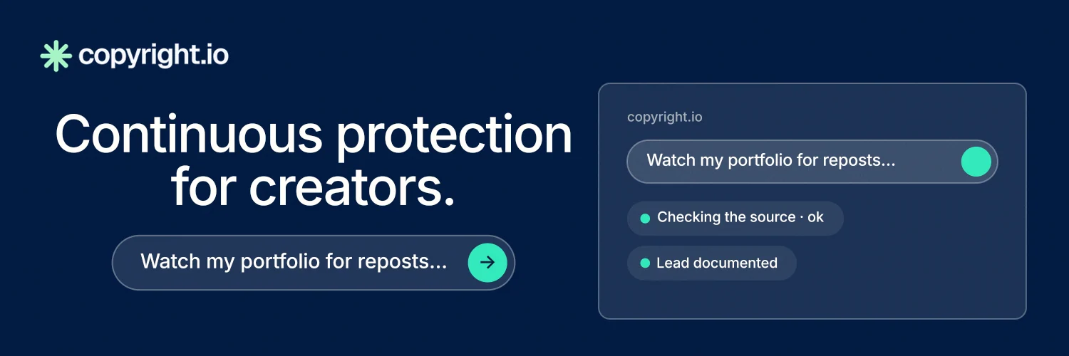 X header for copyright.io: "Continuous protection for creators." Agentic glass style, skeleton layout, dark palette in blue.