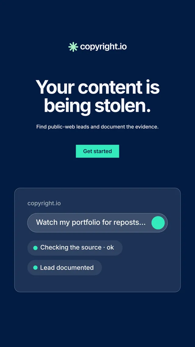 Instagram story for copyright.io: "Your content is being stolen." Swiss style, centred layout, dark palette in blue.