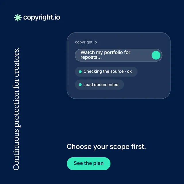 Instagram post for copyright.io: "Continuous protection for creators." Y2K style, vertical layout, dark palette in blue.