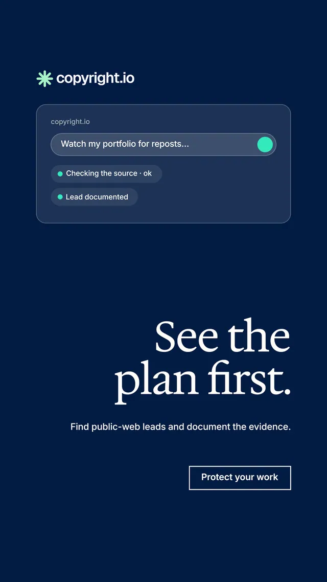 Instagram story for copyright.io: "See the plan first." Editorial style, right layout, dark palette in blue.