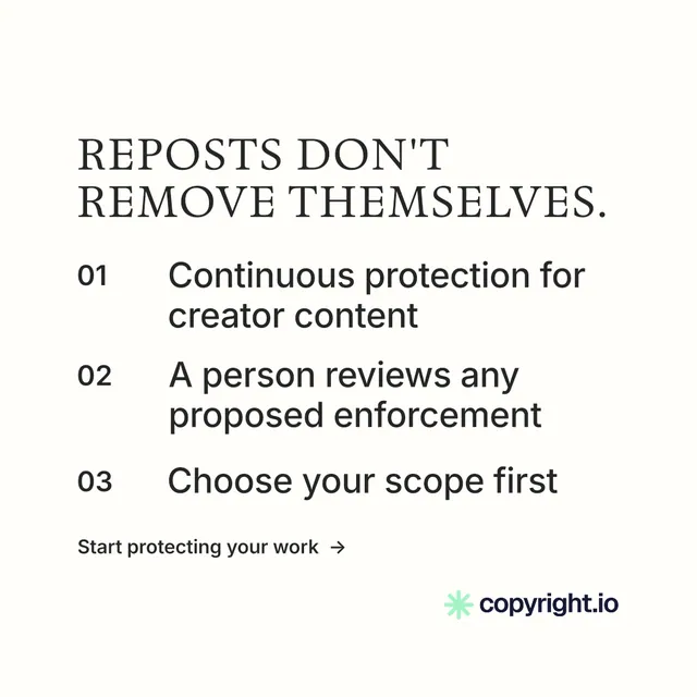Instagram post for copyright.io: "Reposts don't remove themselves." Minimal luxury style, numbered layout, light palette in white.