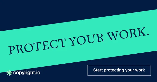 Social ad for copyright.io: "Protect your work." Editorial style, diagonal layout, dark palette in teal, blue.