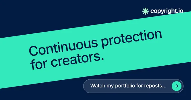 Social ad for copyright.io: "Continuous protection for creators." Agentic glass style, diagonal layout, dark palette in teal, blue.