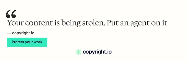 X header for copyright.io: "Reposts don't remove themselves." Swiss style, quote layout, light palette in white, teal.