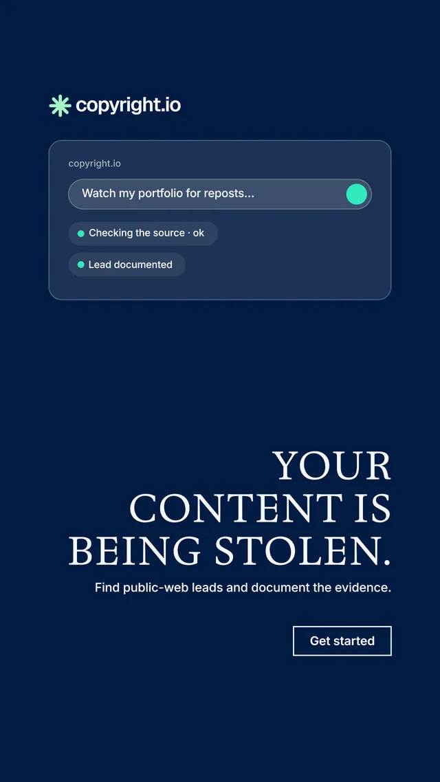 Instagram story for copyright.io: "Your content is being stolen." Editorial style, right layout, dark palette in blue.