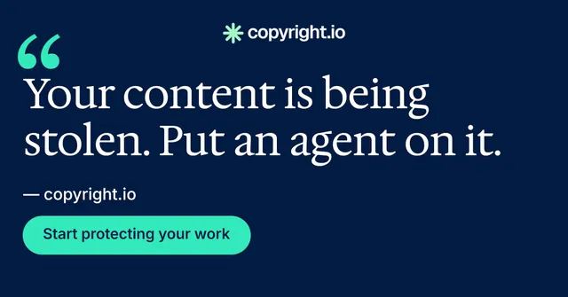 Social ad for copyright.io: "Continuous protection for creators." Y2K style, quote layout, dark palette in blue, teal.