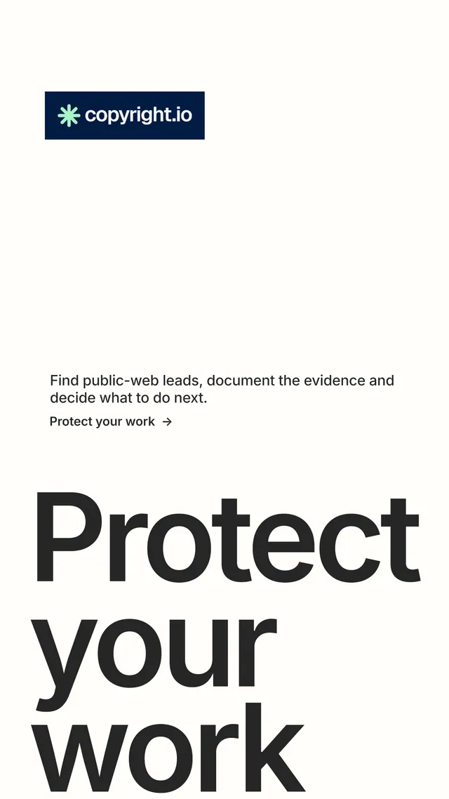 Instagram story for copyright.io: "Protect your work." Minimal luxury style, oversized layout, light palette in white, grey.