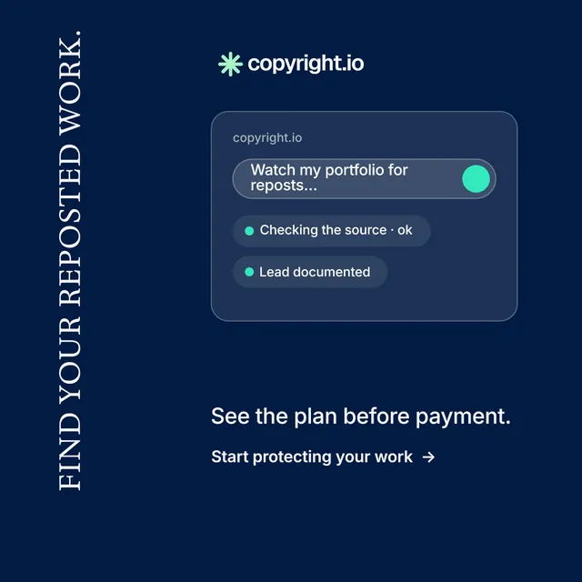 Instagram post for copyright.io: "Find your reposted work." Minimal luxury style, vertical layout, dark palette in blue.