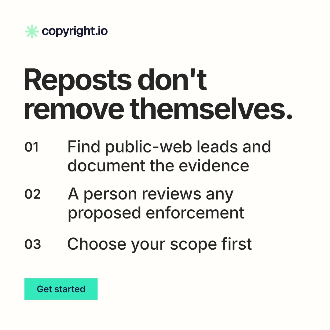 Instagram post for copyright.io: "Reposts don't remove themselves." Swiss style, numbered layout, light palette in white, grey.
