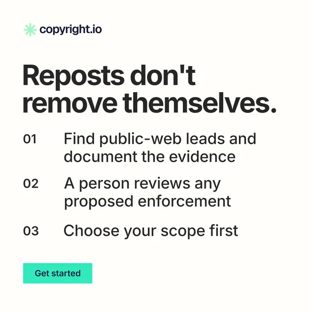 Instagram post for copyright.io: "Reposts don't remove themselves." Swiss style, numbered layout, light palette in white, grey.