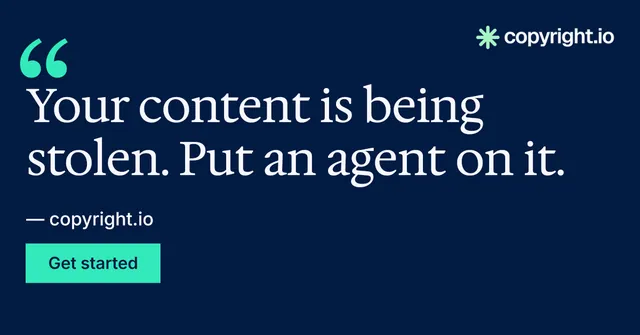Social ad for copyright.io: "See the plan first." Split block style, quote layout, dark palette in blue.