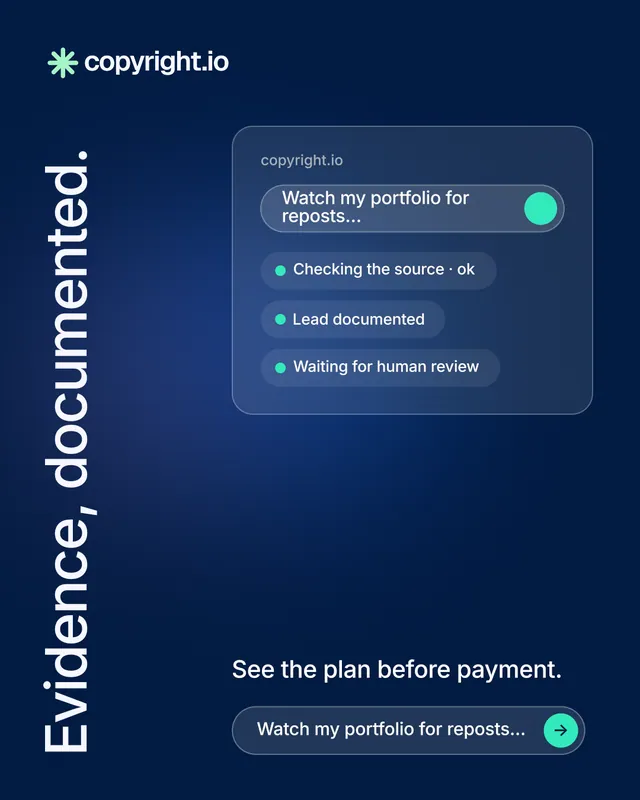 Instagram portrait post for copyright.io: "Evidence, documented." Agentic glass style, vertical layout, dark palette in blue.