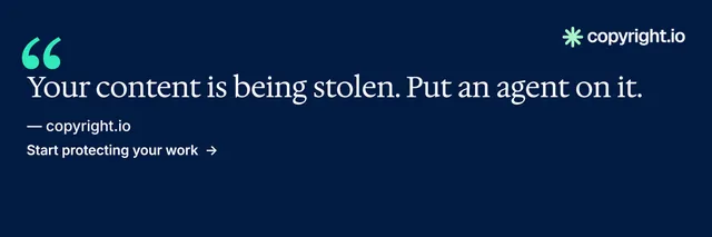 X header for copyright.io: "Protect your work." Minimal luxury style, quote layout, dark palette in blue.