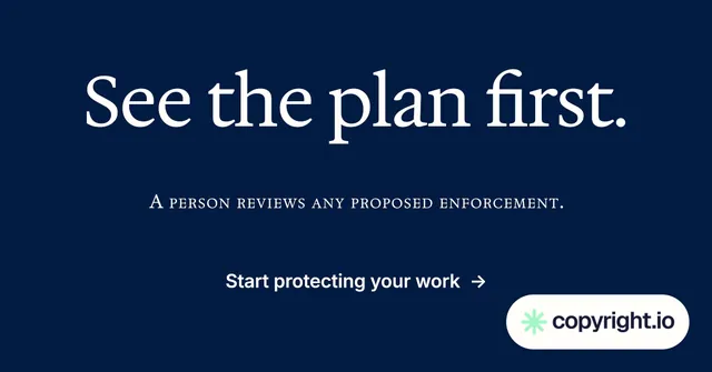 Social ad for copyright.io: "See the plan first." Agentic glass style, smallcaps layout, dark palette in blue, grey.