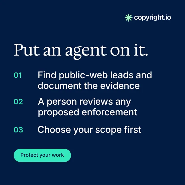 Instagram post for copyright.io: "Put an agent on it." Y2K style, numbered layout, dark palette in blue.