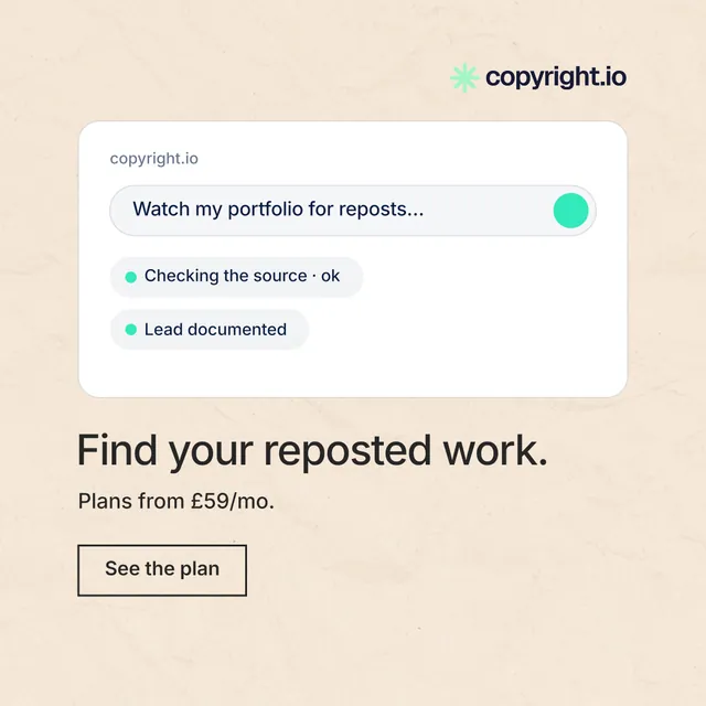 Instagram post for copyright.io: "Find your reposted work." Editorial style, bottom layout, light palette in orange, white, grey.