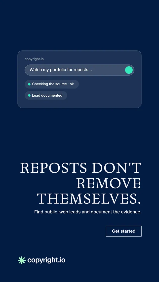 Instagram story for copyright.io: "Reposts don't remove themselves." Editorial style, right layout, dark palette in blue.