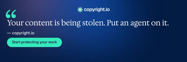 X header for copyright.io: "Continuous protection for creators." Y2K style, quote layout, dark palette in blue.
