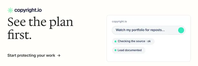 X header for copyright.io: "See the plan first." Minimal luxury style, bottom layout, light palette in white.