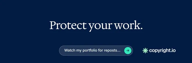 X header for copyright.io: "Protect your work." Agentic glass style, centred layout, dark palette in blue.