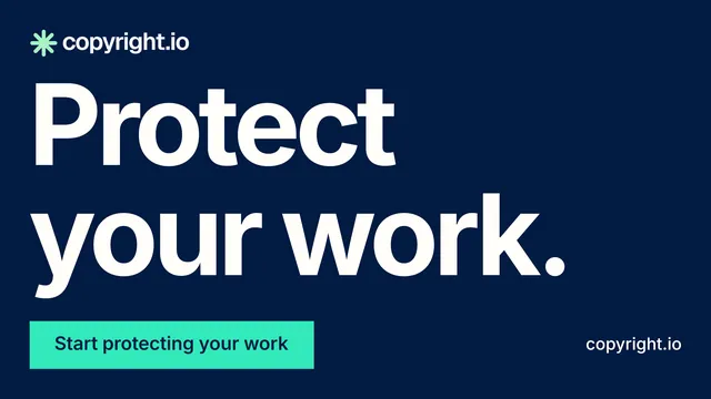 Landscape graphic for copyright.io: "Protect your work." Swiss style, poster layout, dark palette in blue, teal.