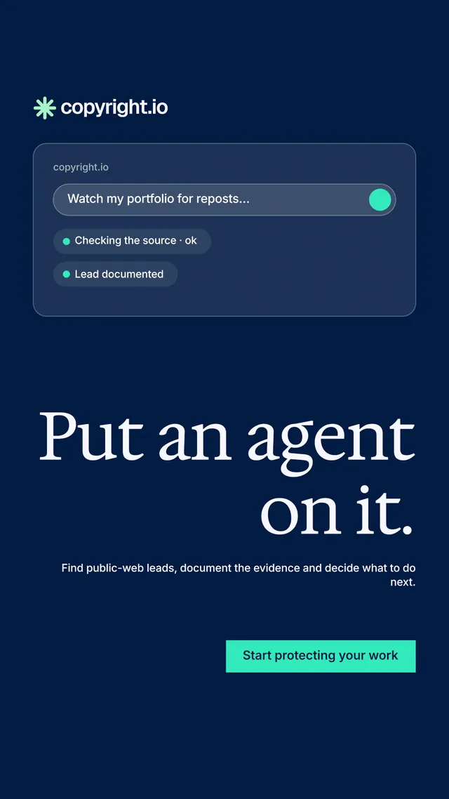 Instagram story for copyright.io: "Put an agent on it." Split block style, right layout, dark palette in blue.