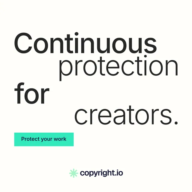 Instagram post for copyright.io: "Continuous protection for creators." Swiss style, stacked layout, light palette in white, grey.