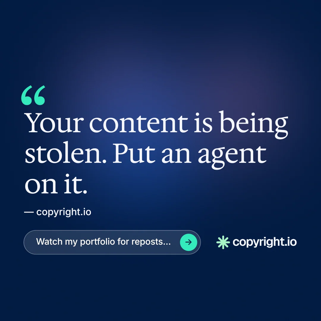Instagram post for copyright.io: "Find your reposted work." Agentic glass style, quote layout, dark palette in blue.