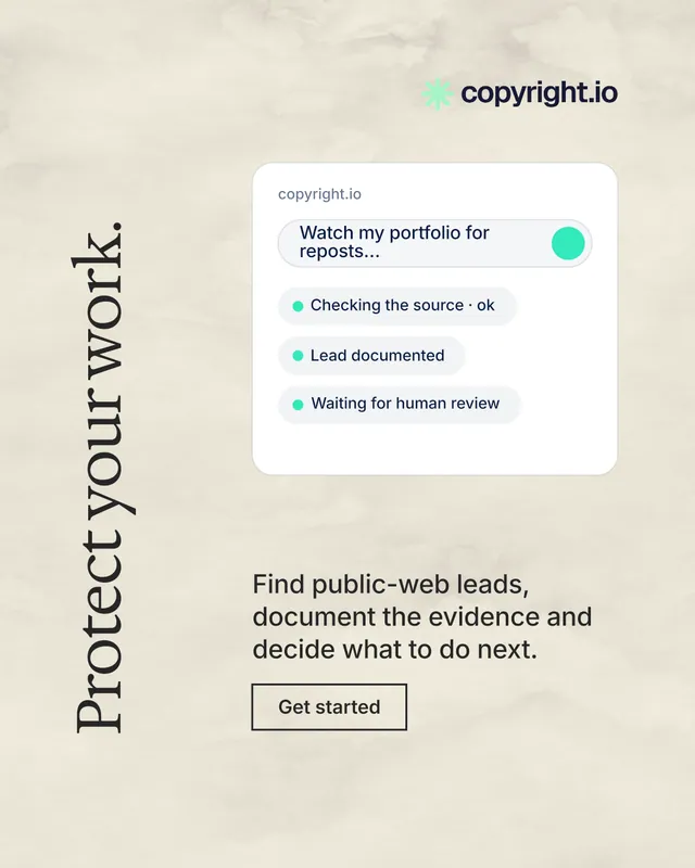 Instagram portrait post for copyright.io: "Protect your work." Editorial style, vertical layout, light palette in yellow, white, grey.
