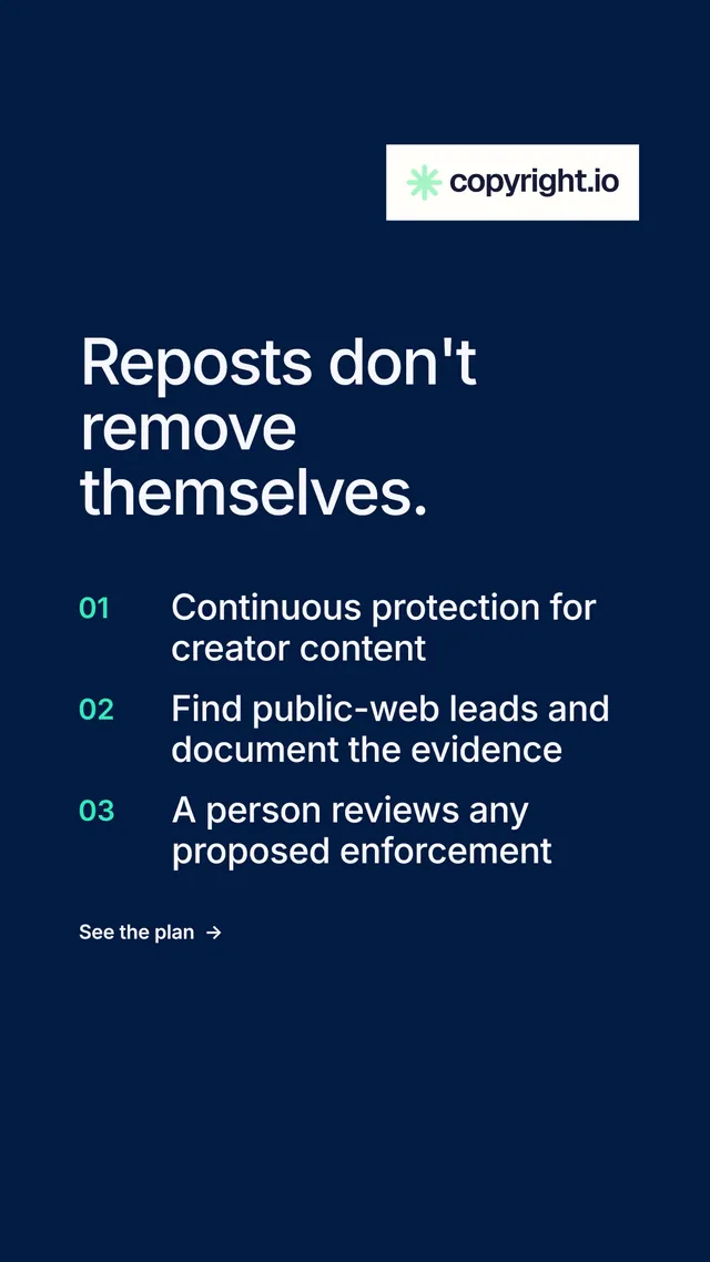 Instagram story for copyright.io: "Reposts don't remove themselves." Minimal luxury style, numbered layout, dark palette in blue.