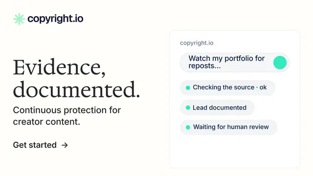Landscape graphic for copyright.io: "Evidence, documented." Minimal luxury style, bottom layout, light palette in white.