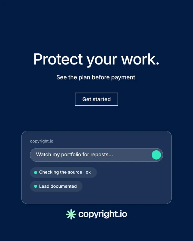 Instagram portrait post for copyright.io: "Protect your work." Editorial style, centred layout, dark palette in blue.