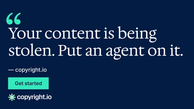 Landscape graphic for copyright.io: "Your content is being stolen." Split block style, quote layout, dark palette in blue.