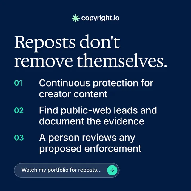 Instagram post for copyright.io: "Reposts don't remove themselves." Agentic glass style, numbered layout, dark palette in blue.