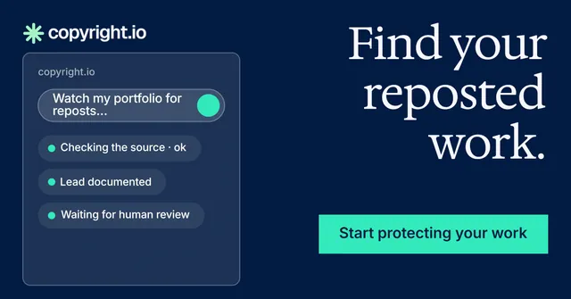 Social ad for copyright.io: "Find your reposted work." Split block style, right layout, dark palette in blue, teal.