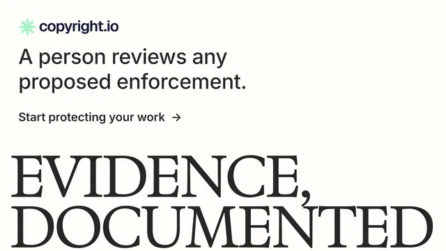 Landscape graphic for copyright.io: "Evidence, documented." Minimal luxury style, oversized layout, light palette in white, grey.