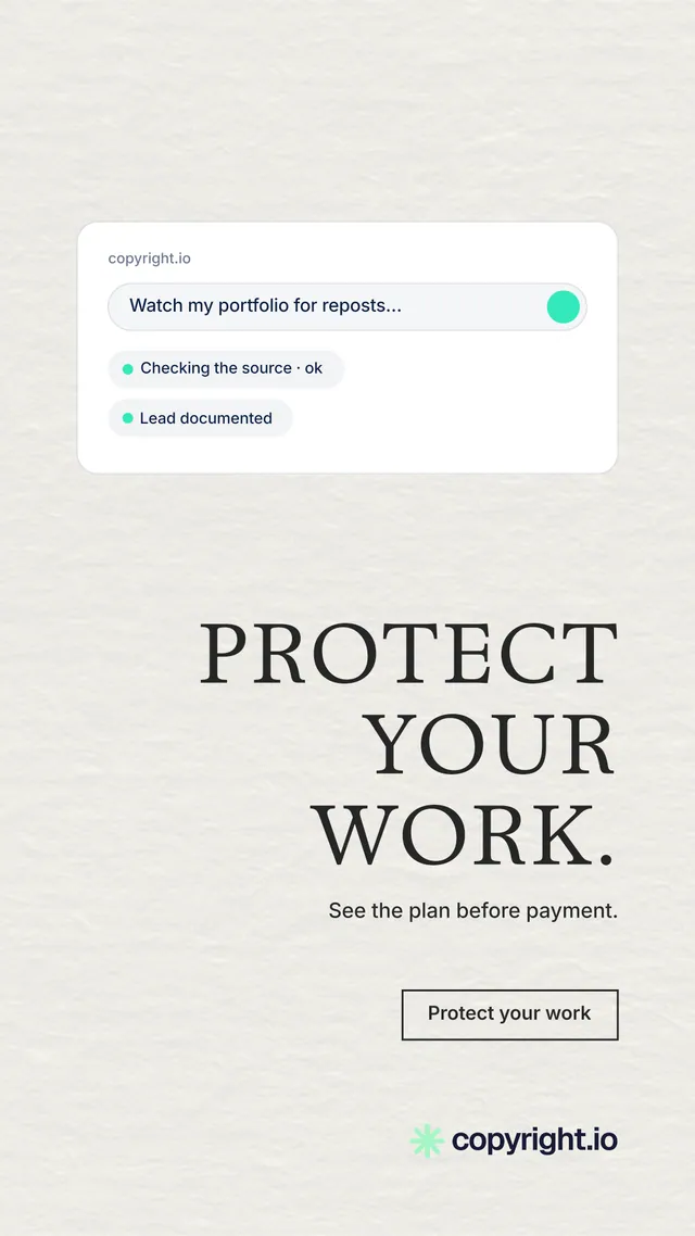 Instagram story for copyright.io: "Protect your work." Editorial style, right layout, light palette in white.
