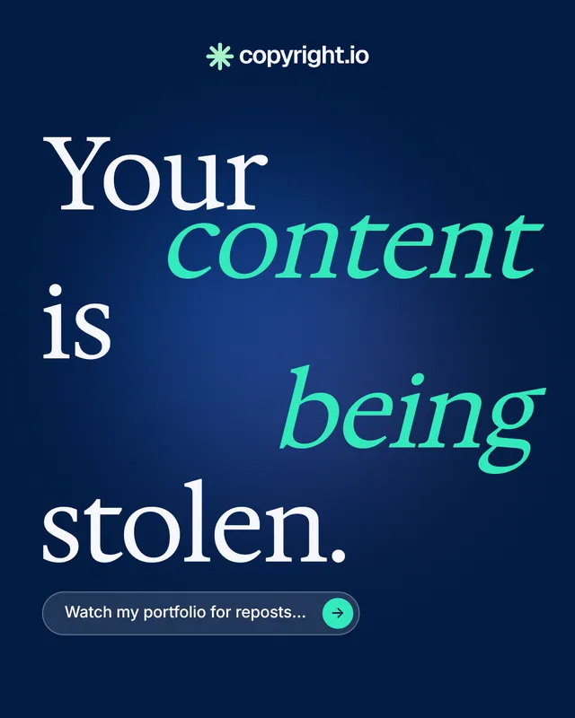 Instagram portrait post for copyright.io: "Your content is being stolen." Agentic glass style, stacked layout, dark palette in blue.