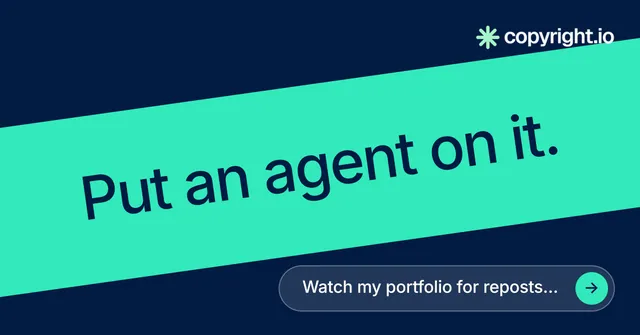 Social ad for copyright.io: "Put an agent on it." Agentic glass style, diagonal layout, dark palette in teal, blue.