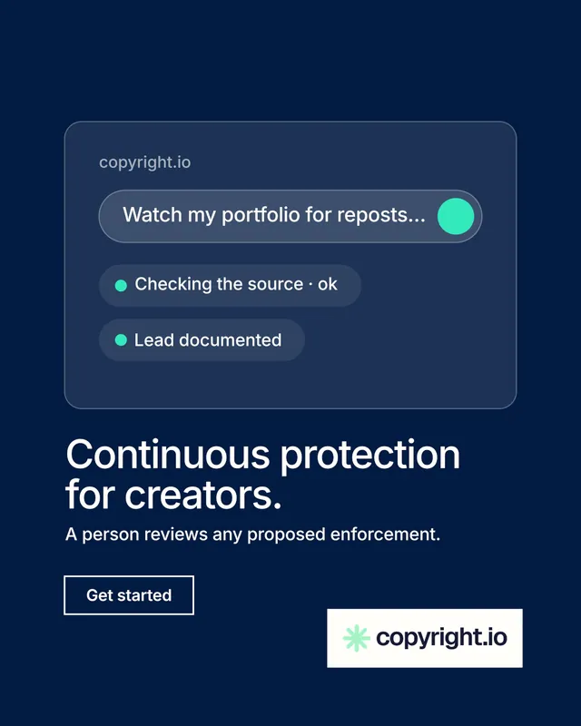 Instagram portrait post for copyright.io: "Continuous protection for creators." Editorial style, bottom layout, dark palette in blue.