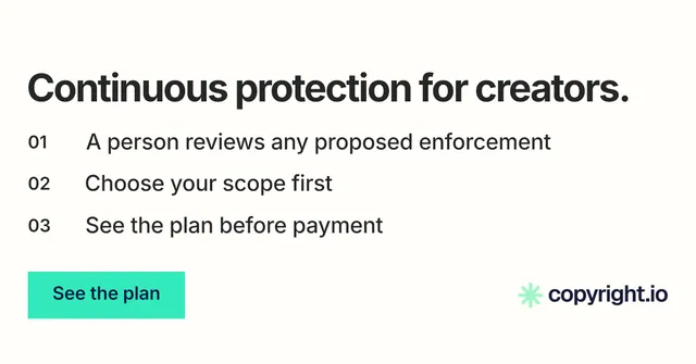 Social ad for copyright.io: "Continuous protection for creators." Swiss style, numbered layout, light palette in white, grey.