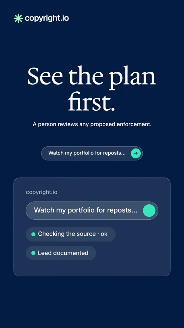 Instagram story for copyright.io: "See the plan first." Agentic glass style, centred layout, dark palette in blue.